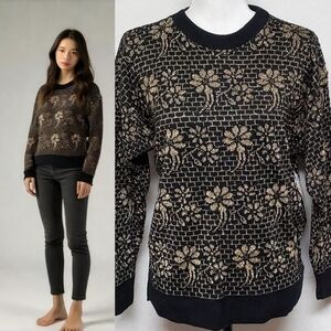 80s Vintage Deadstock Heidi Black Gold Mixed Print Brick Flower Knit Sweater L